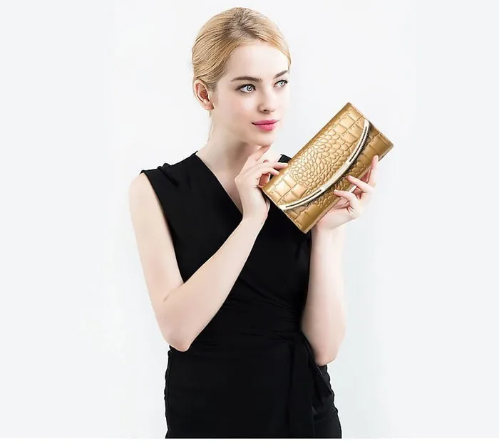 Fashion Genuine Leather Wallet Women Luxury Alligator Design Gold Leather Female Purse Clutch Bag Lady Wallets Long Wallet