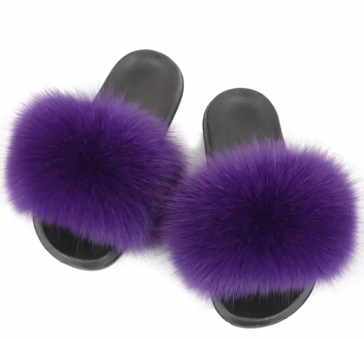 purple ZDFURS/; модные шлепанцы с лисьим мехом; шлепанцы без задника с натуральным мехом; Летние вьетнамки; повседневные Модные босоножки с лисьим мехом; модная плюшевая обувь; - Цвет: purple