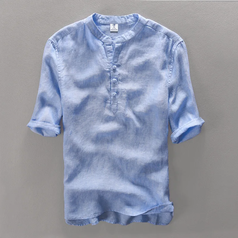 2017 Мужская льняная рубашка с коротким рукавом однотонная Повседневная