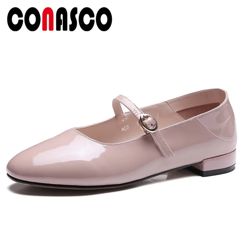 

CONASCO Brand Design Women Mary Janes Pumps Genuine Leather Square Heels Shoes Woman Round Toe Buckle Sweet Casual Wedding Shoes