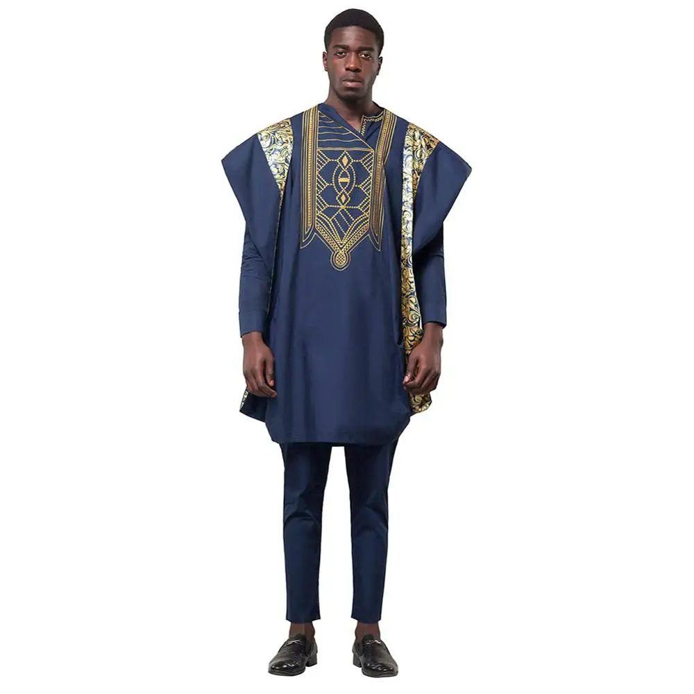 Blue Opslea Agbada Африканский для мужчин печатных размера плюс рубашка Дашики Базен Riche костюмы Топы Брюки 3 шт. наборы Slim Fit формальный наряд Одежда - Цвет: Blue