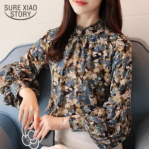 Модные женские блузки 2019 принт шифоновая блузка женские рубашки-топы и блузки Длинные женские рукава  рубашки femininas 2078 50