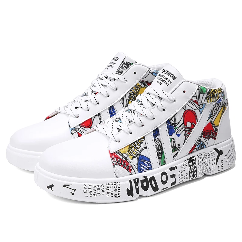 white Moipheng New Graffiti Sneakers Autumn Winter High Top Lover Shoes PU Woman Sneakers White Shoes Plus Size Zapatos De Mujer - Цвет: white
