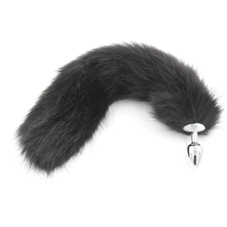 Искусственный Лисий хвост черный плюшевый мех с металлической анальной пробкой