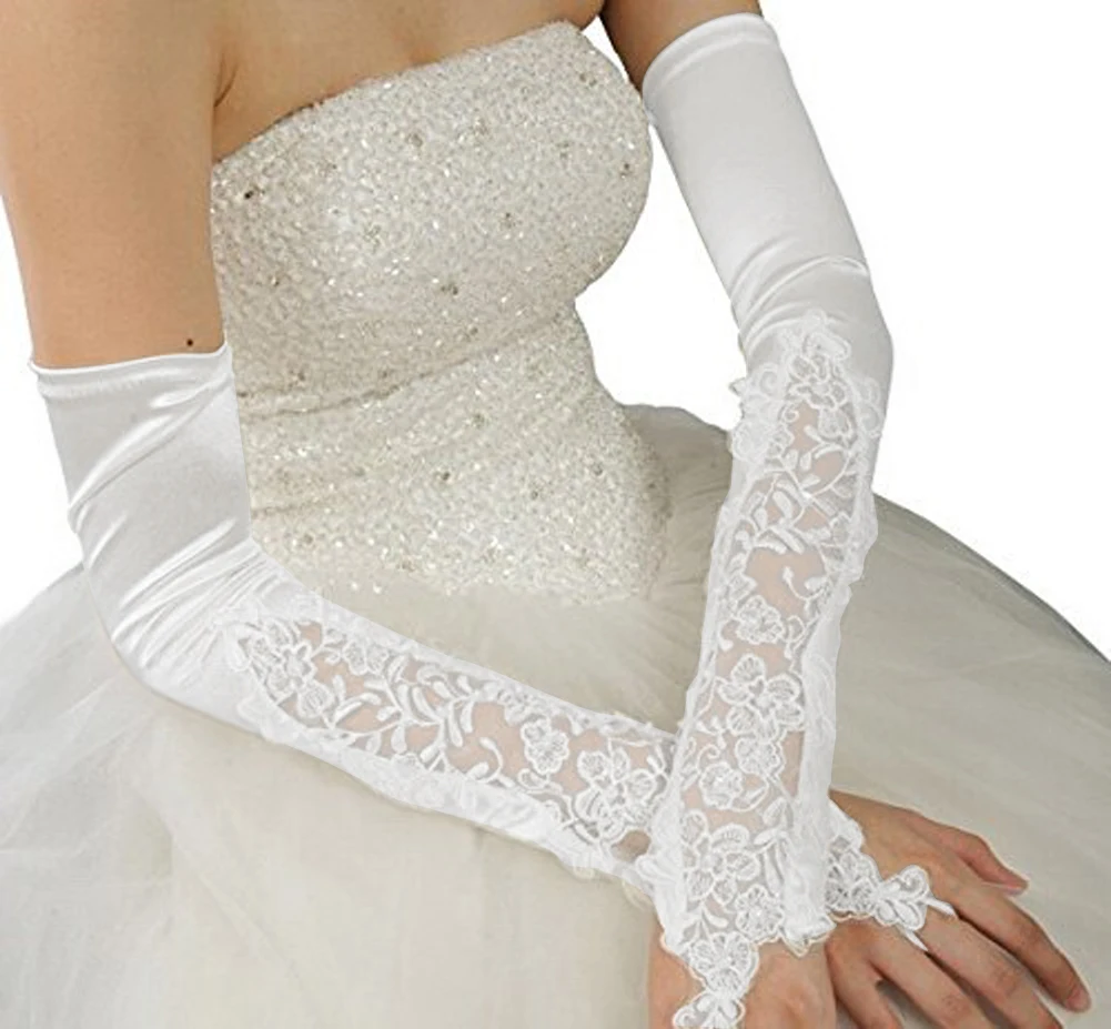 Женские перчатки 2017 модные женские тянущиеся Сатиновые кружевные с аппликацией