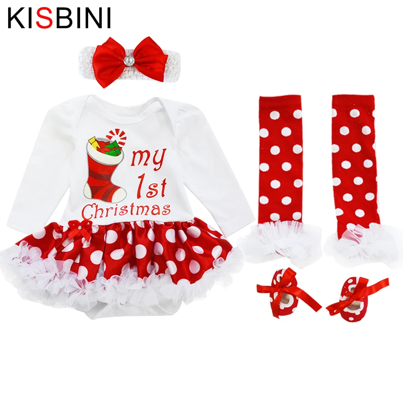 

KISBINI Chirstmas Baby Clothing Sets Newborn Toddler Romper Dot Tutu Dress + Shoes + Sock + Bow Headdress 4Pc/set Baby Rompers