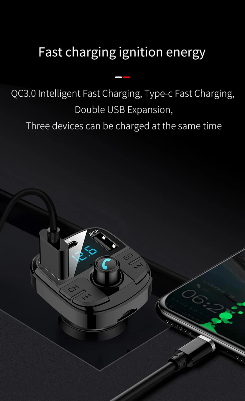 Автомобильный комплект громкой связи с Bluetooth, управление одним ключом, беспроводной Bluetooth fm-передатчик, ЖК MP3-плеер QC3.0, USB зарядное устройство, тип-c, свободные руки