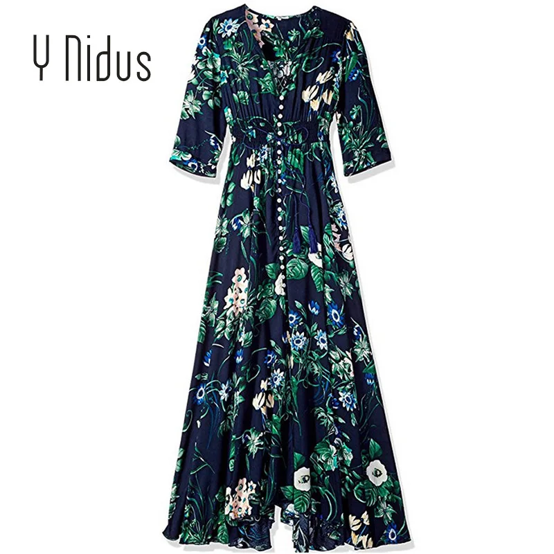 navy long sleeve Y Nidus женские платья, летнее платье,, макси, на пуговицах, с разрезом, цветочный принт, струящийся, v-образный вырез, пляжные, вечерние платья, vestidos - Цвет: navy long sleeve