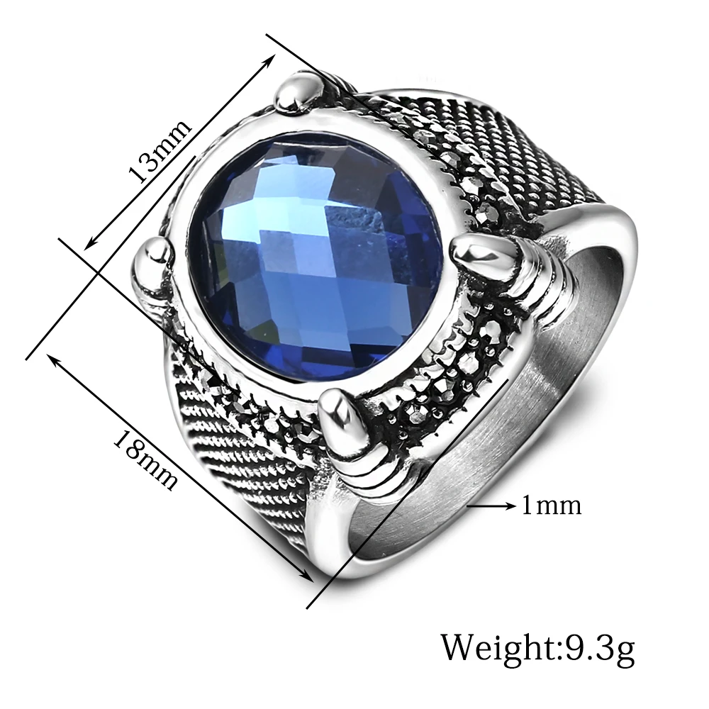 Мужское кольцо с голубым камнем обручальное из нержавеющей стали кристаллом 18 мм