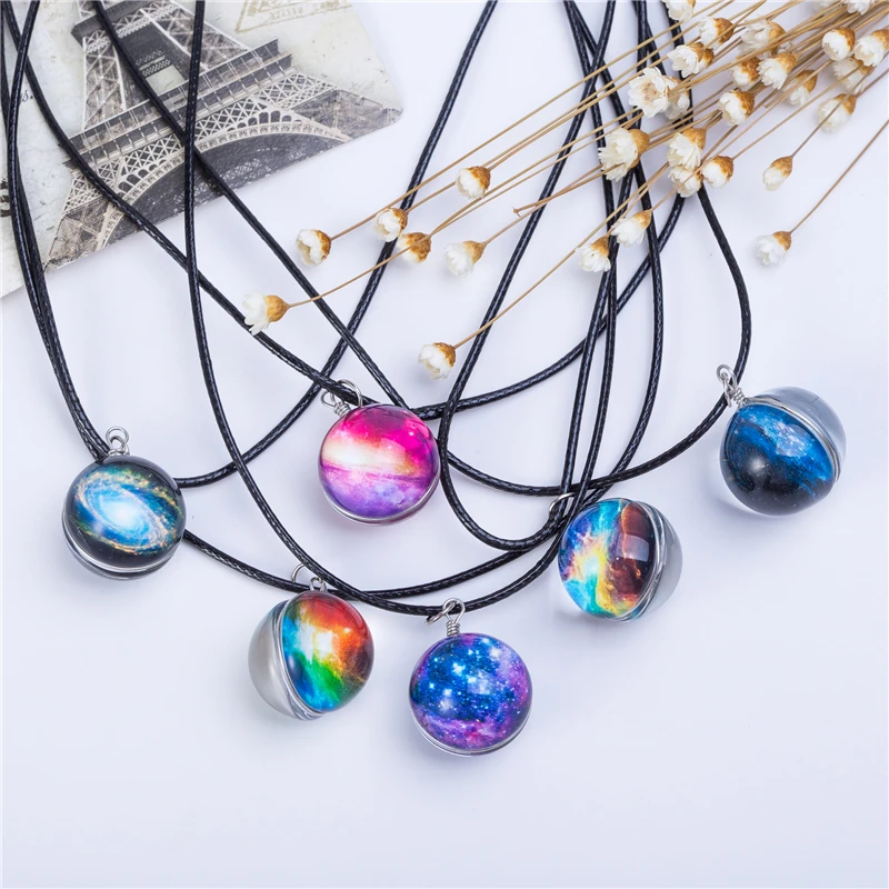 Collares Duplex Planet Crystal Stars Ball Glass Galaxy Pattern Leather Chain Pendants Maxi Necklace For Womem Girlfriend Gift