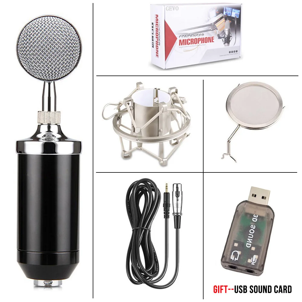 GEVO BM 8000 конденсаторный микрофон профессиональный проводной студийный микрофон BM8000 с подвесом Поп фильтр для караоке ноутбук ПК микрофон для компьютера - Цвет: Black With Box