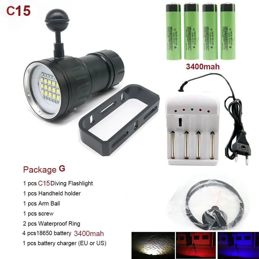 C15 with 3400mah Светодиодный светильник-вспышка для дайвинга, подводный 80 м, водонепроницаемый светодиодный фонарь XHP70/XHP90, тактический светильник для фото и видео, 18650 - Испускаемый цвет: C15 with 3400mah
