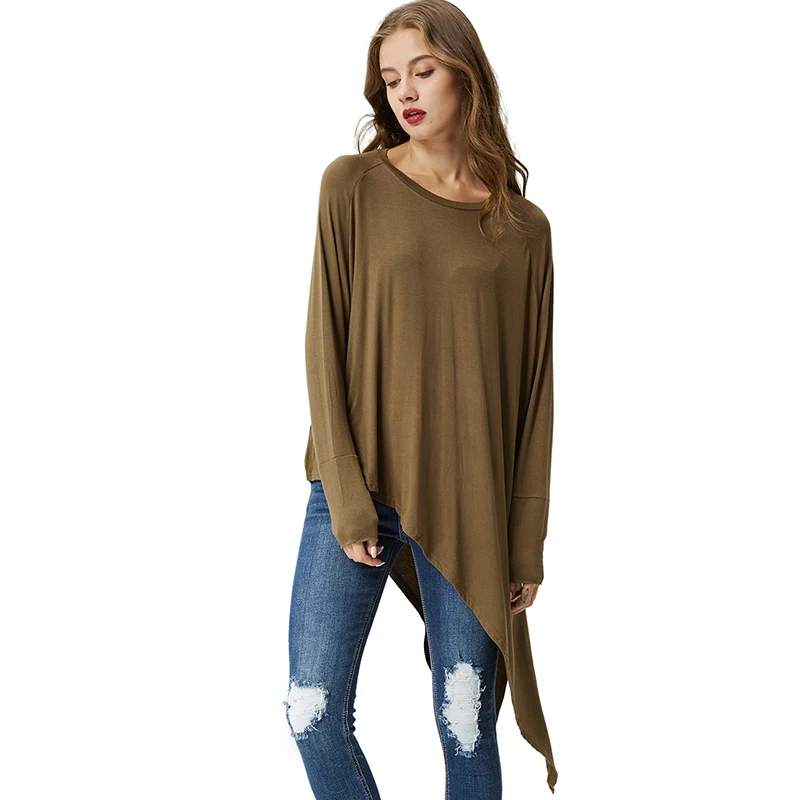 Женская ассиметричная футболка с длинным рукавом Повседневная однотонная