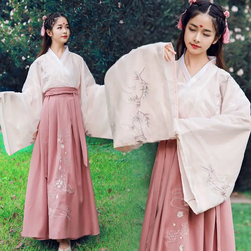 

Китайский классический костюм Hanfu, украшенный вышивкой, элегантный комплект для танцев, Женский костюм династии Тан, сценическое представл...