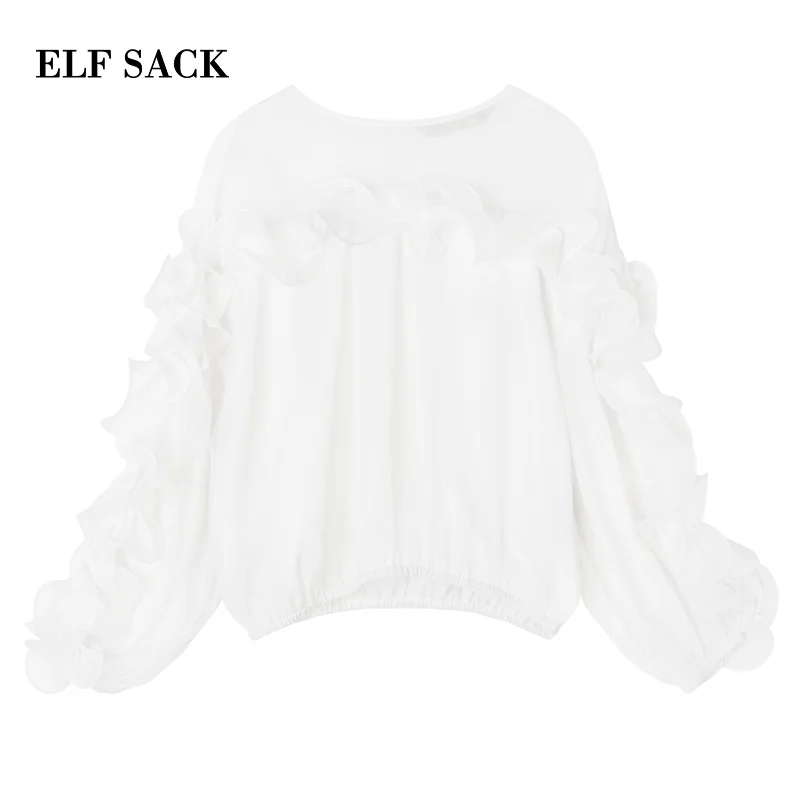 ELF SACK New Solid Sweet Girls Tops Stylish O Neck Butterfly Sleeve Women Blouses Ruffles Ladies Shirts Chiffon Women's Clothing| |