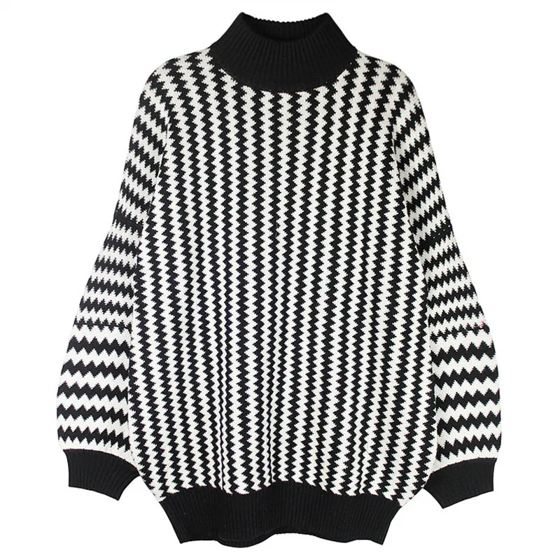 Chic негабаритных Для женщин Черный и белый полосатый водолазка толстый длинный