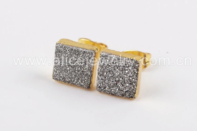 BOROSA 5 пар Druzy серьги, 8 мм квадратный натуральный золотой цвет горный хрусталь кристалл Титан Радуга запонка с друзами серьги для Для женщин G1279