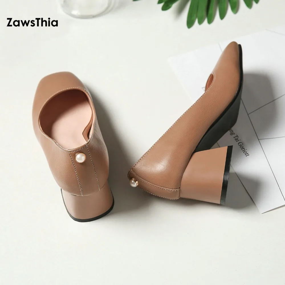 ZawsThia/ г. Новые весенние офисные туфли-лодочки на Высоком толстом каблуке из PU искусственной кожи женская обувь с украшением из жемчуга сзади, большой размер 42, 43, 44