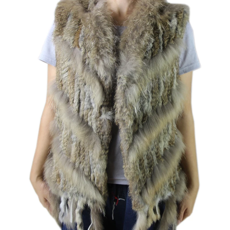 Lady fur vest New 2019 hot sale women knitted rabbit fur with raccoon dog fur collar fur vest natural fur coat