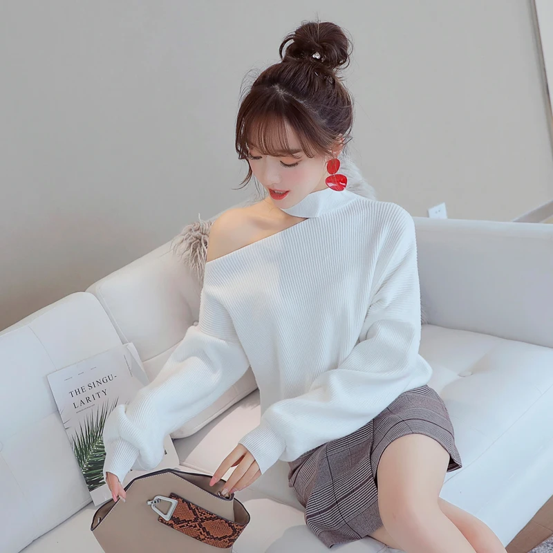 Fashion Pullover Full Sleeve Solid Knitted Women Sexy Off Shoulder Slash Neck Jumper Design Thick Sweaters Casual Loose | Женская одежда