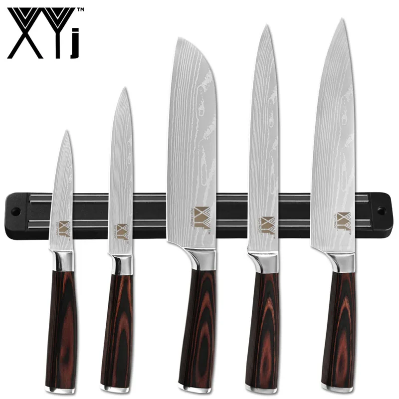 A.6Pcs Set XYj дамасский нож из нержавеющей стали с узором 7CR17 цвет деревянная ручка шеф-повара нож подставка точилка бар заточка инструменты аксессуар - Цвет: A.6Pcs Set