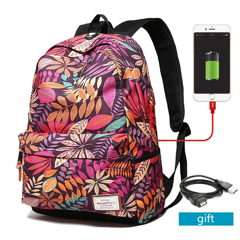 Women USB Charging Laptop Backpack for Teenage Girls School Bag Printing Female Backpacks College Students | Багаж и сумки
