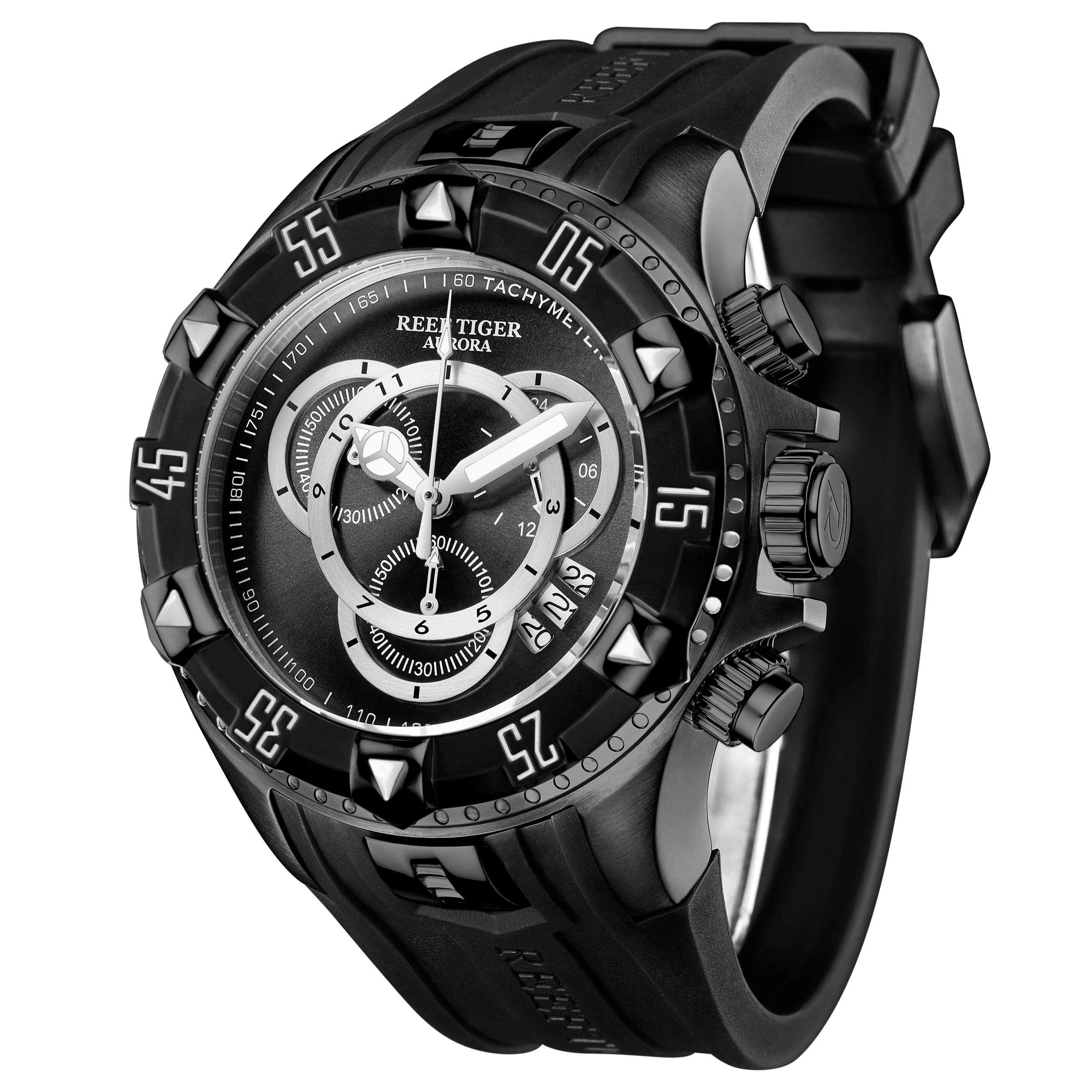 Спортивные часы Reef Tiger/RT суперсветящиеся черные повседневные с ремешком на
