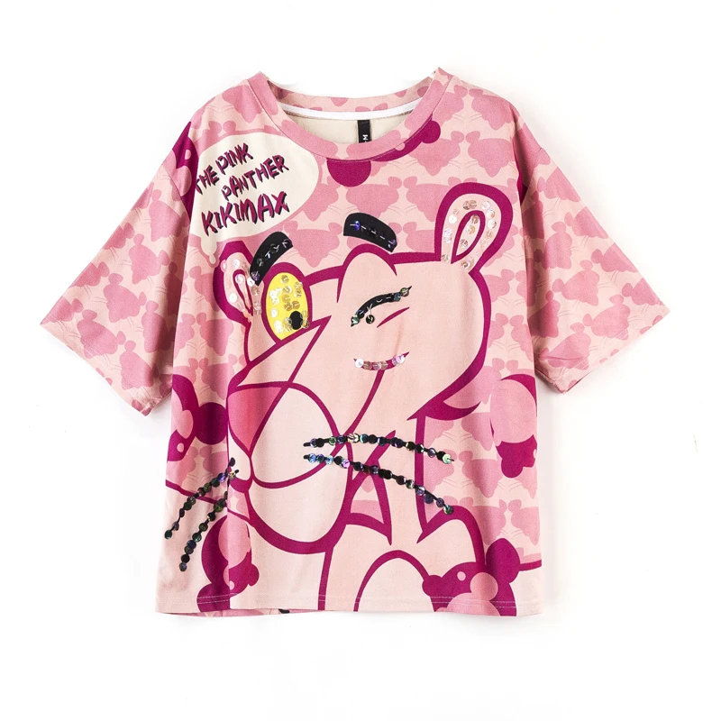 Pink Panther Цин MO Для Женщин Пантера футболка летняя одежда с принтом в виде Для женщин с рисунком с блестками розовый короткий рукав Футболка QF502 - Цвет: Pink Panther
