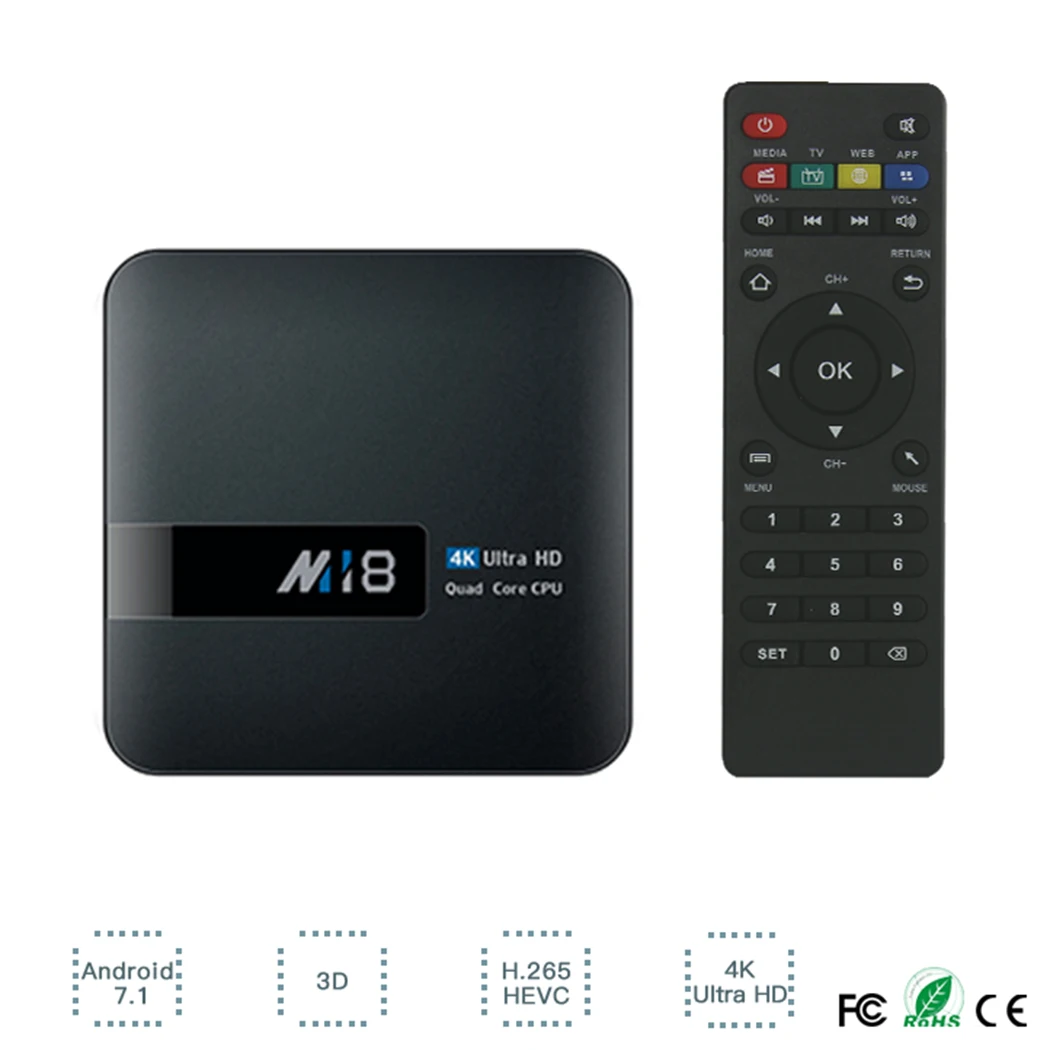 M18 ТВ Box Высокое качество Wi Fi Bluetooth 4 1 Android 7 ГБ + 8 ГБ/2 16 Декодер каналов кабельного