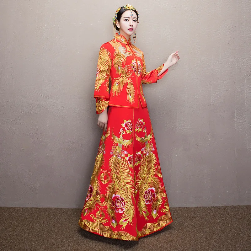 Невесты Для женщин феникс вышивка платье Чонсам красный Qipao длинные традиционные