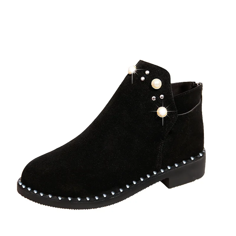 british style pearl round toe ankle boots women plush back zip chunky martin booties lady rivets bottines ladies footware | Обувь