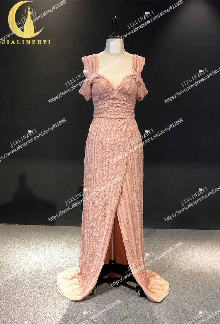 JIALINZEYI Реальный образец Обнаженная Лодка шеи полный роскошный бисер шифон Elie saab платье для вечерние платья