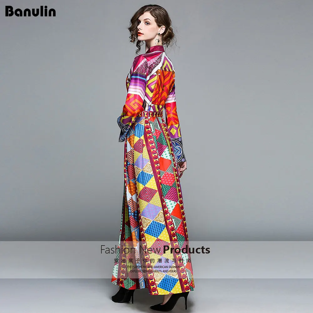 Banulin, высокое качество, новинка, осенняя мода, подиум, макси платья, женские, длинный рукав, с принтом, племя, винтажное, длинное, Великолепное платье