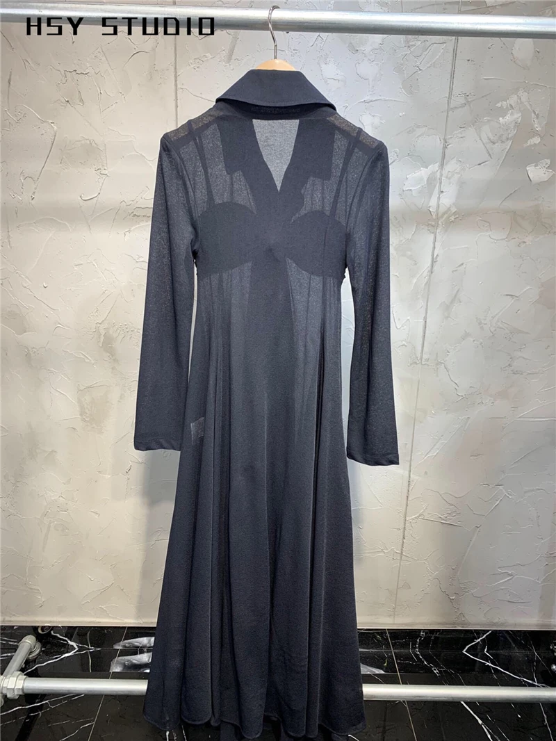【HSY Studio】 2019 summer new fashion high waist trendy long sleeve sexy black women shirt maxi dress | Женская одежда