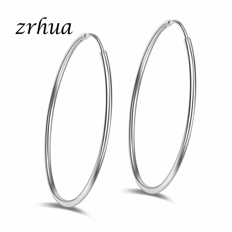 ZRHUA, высокое качество, 925 пробы, серебряные, большие круглые серьги-кольца для женщин, девушек, 5 размеров, подходят вечерние ювелирные изделия, аксессуары