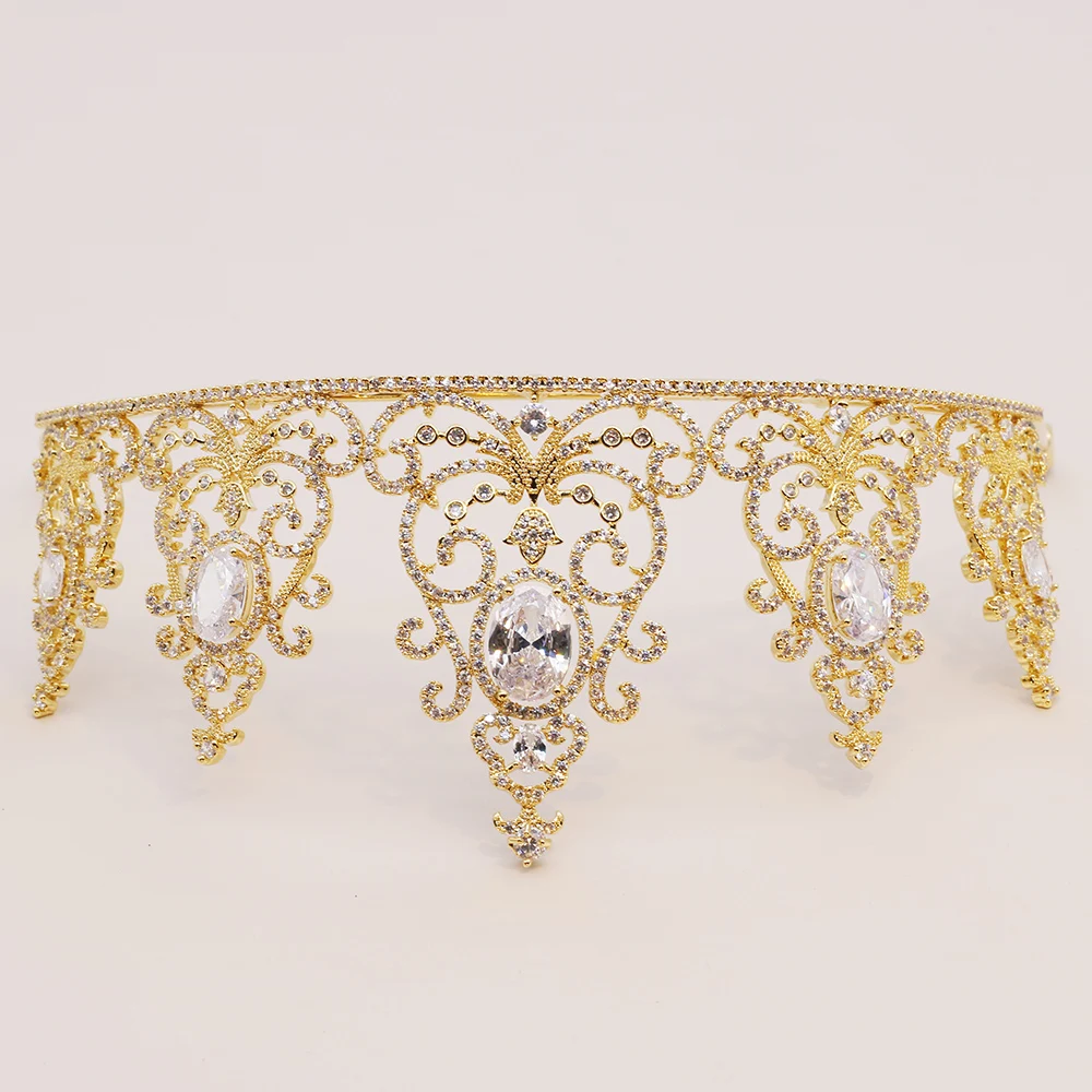 Блестящие золотые Цвет свадебная тиара AAA Цирконий Корона Украшения для волос