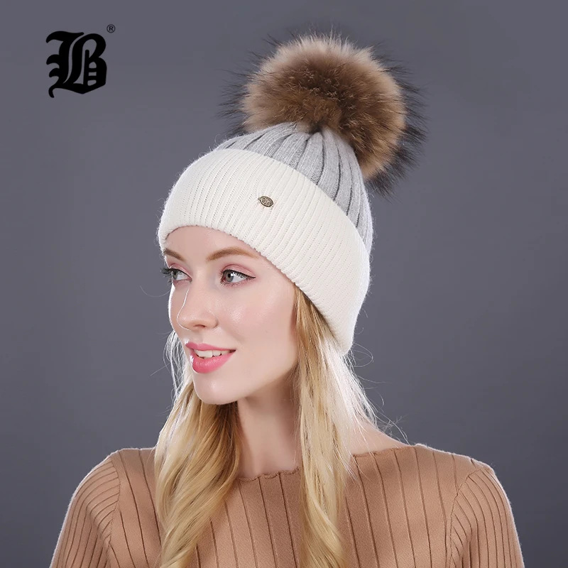 [Flb] зимняя шапка для женщин вязаный шерстяной Lady шапочки Cap Natural енота Fox меховой помпон Hat Лоскутная Женская Повседневная Skullies