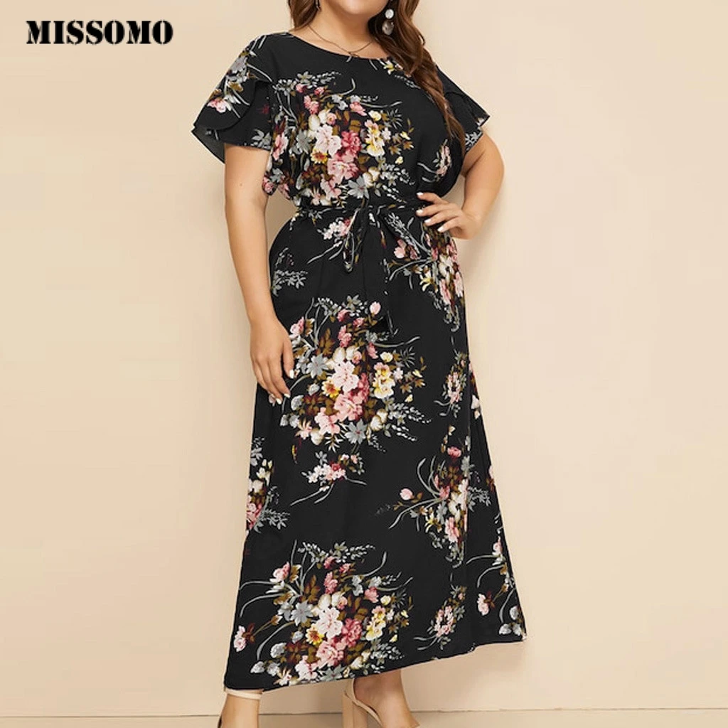 MISSOMO 5XL платье женское повседневное размера плюс цветочный принт пляжное Длинное Макси платье винтажное черное Бандажное платье с круглым вырезом на шнуровке 620