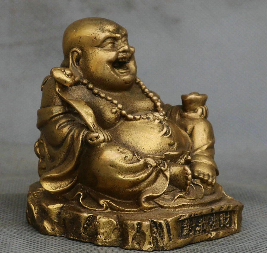 Китайская медная счастливая смешная статуя Будды Maitreya Yuanbao Ruyi летучая мышь | Дом и