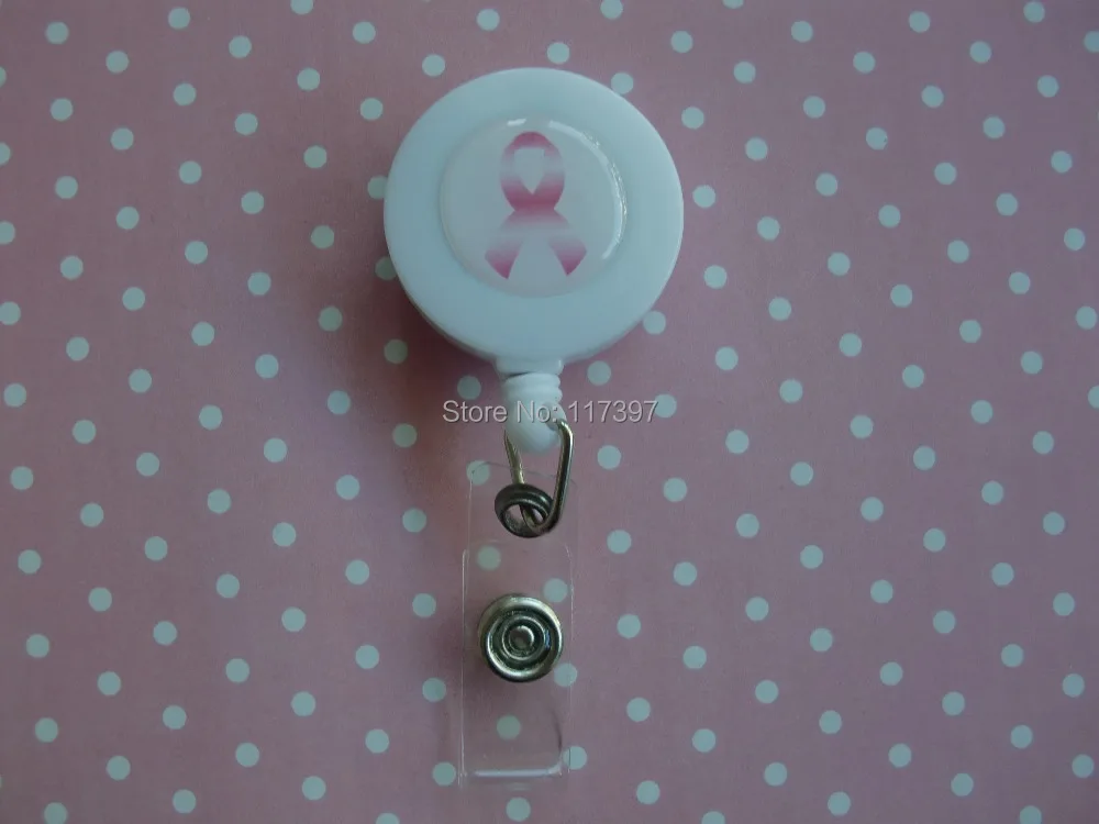 

PINK AWARENESS RIBBON WHITE BADGE/KEY REEL ID HOLDER 10pcs/lot