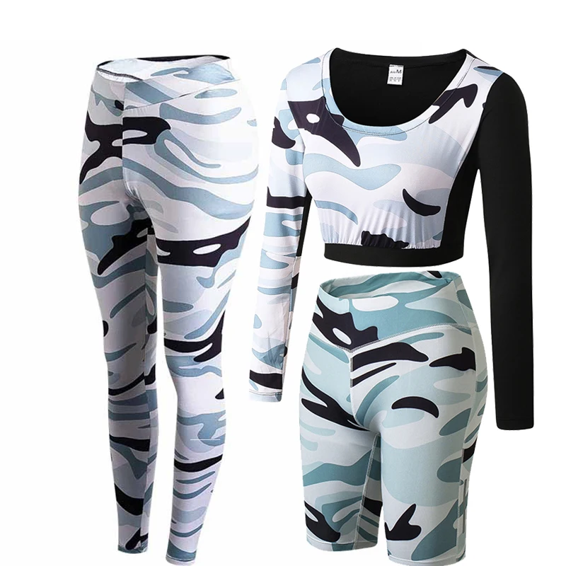 Комплект из 3 предметов камуфляжный Йога Леггинсы + шорты Топ с длинным рукавом