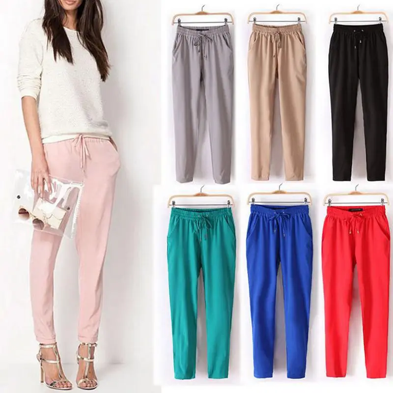Adisputent Women Casual Loose Harem Pants Solid Elastic Waist Long Autumn Stretch Trousers Pantalone OL Style Chiffon Pant | Женская