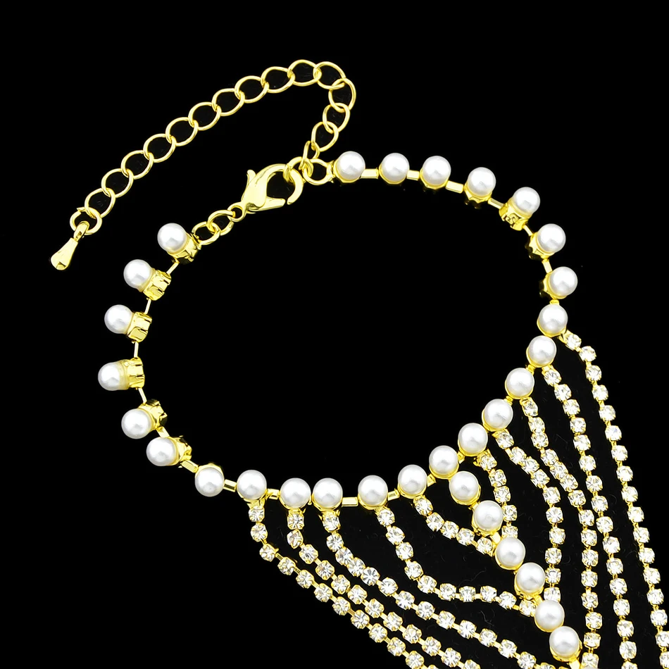 Feelshine Boho Slave Bracelets Gold Color Simulated pearl Chain With Full Rhinestone with Finger Luxury Brand Women|slave bracelet|bracelet