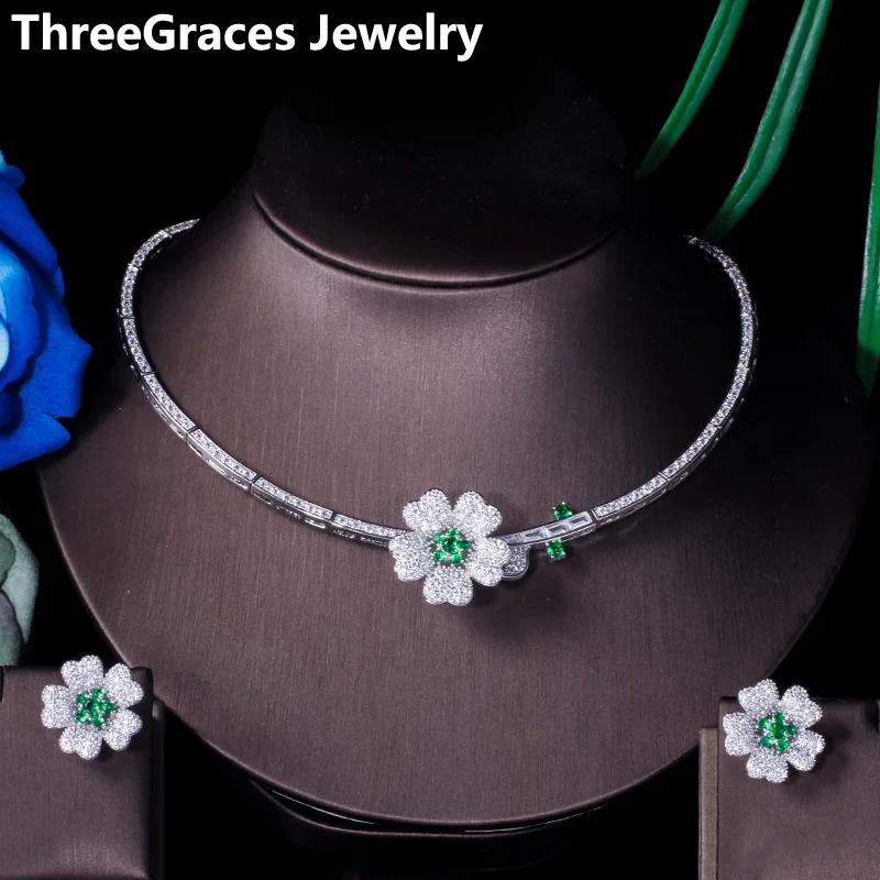 Серьги ThreeGraces с зеленым кубическим цирконием серьги большим цветком ожерелье
