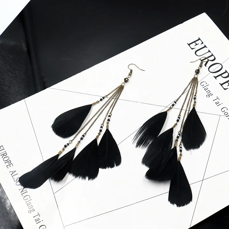 black Богемные длинные висячие серьги с перьями для женщин bijoux этнические бохо серьги-подвески большого размера женские свадебные массивные ювелирные изделия аксессуары - Окраска металла: black