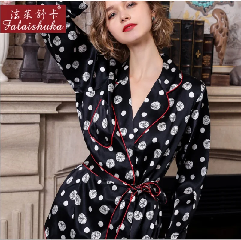 Silk Pajama Sets Pants Dot Plus Size Sexy Two Piece Set Home Wear Woman2019 Summer 100% Silk Stain Pajama Set Sleepwear