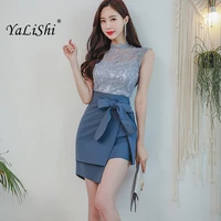 summer 2 piece set vintage women suit blue sleeveless stand collar lace office top and casual elegant mini skirt two piece set