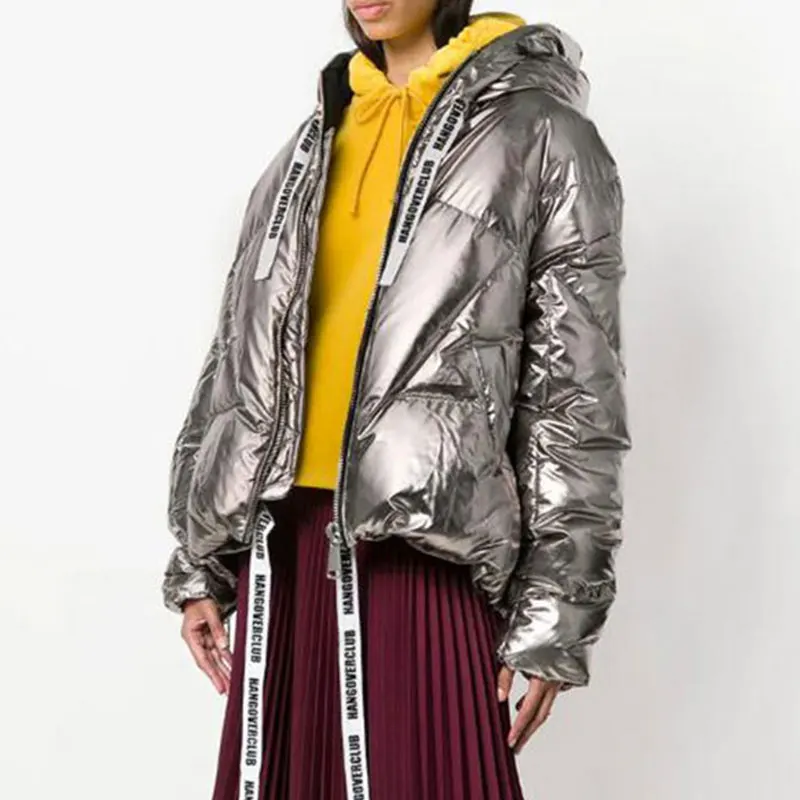 Silver gray Зимняя куртка больших размеров для женщин, парка с капюшоном, Модный яркий пуховик, утепленное хлопковое пальто, женские короткие куртки, куртка-бомбер HS223 - Цвет: Silver gray