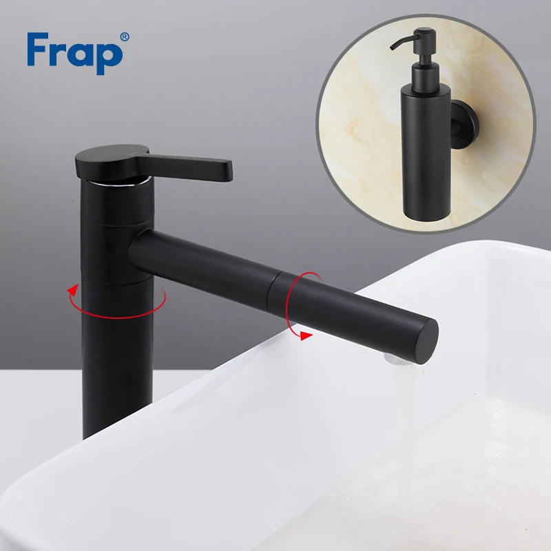 

Frap Aerator 360 Rotating Crane Black Spray Painting Basin Faucet With Bathroom Kitchen Liquid Soap Dispensers Y10121+Y18005