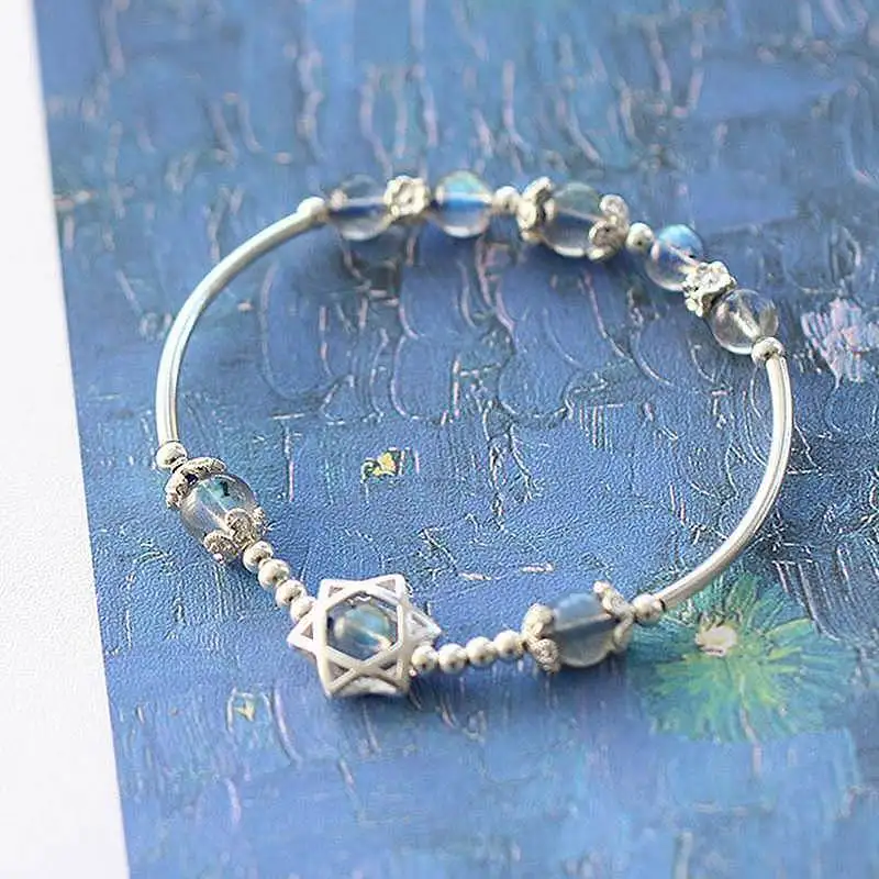 Серый Ruifan Lucky Charm Hexagram Women's Labradorite Blue Light Moonstone Amulet Female Bracelets 925 Silver Bracelet Femme YBR032 - Цвет камня: Серый